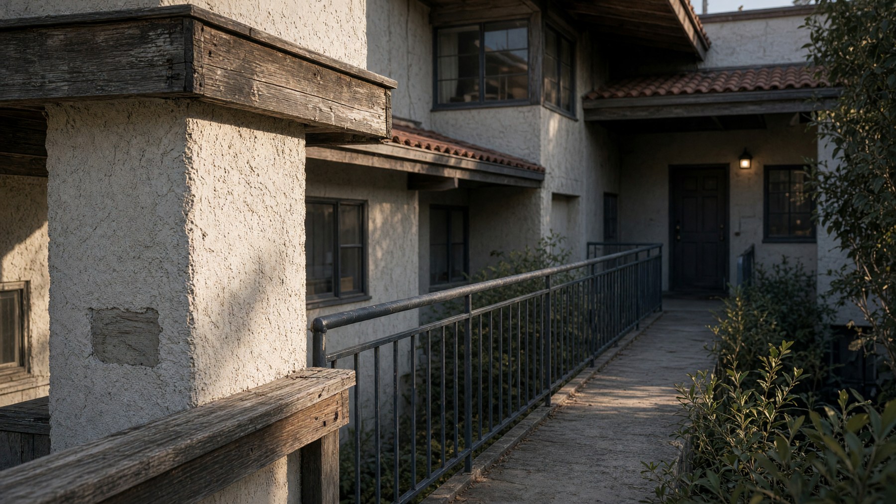 AI-generated editorial illustration of lightly weathered stucco, timber and a railing along an anonymous apartment walkway.