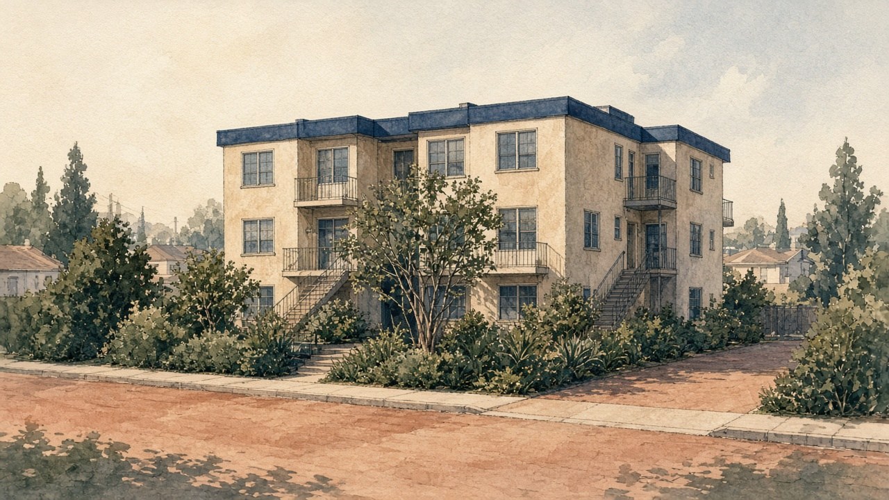 AI-generated architectural illustration of an anonymous apartment building, not a real property.